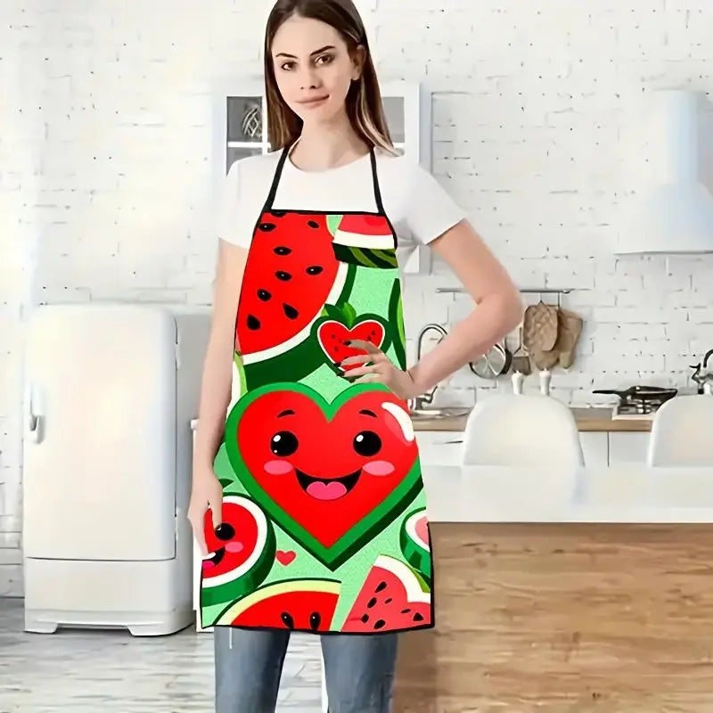 Cute Watermelon Print Apron Oil Proof Waterproof Kitchen Cooking Apron Household BBQ Restaurant Party Work Anti Fouling Apron