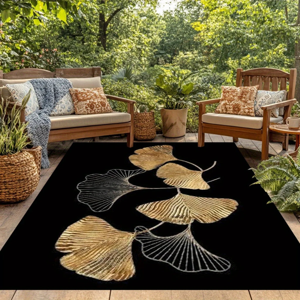 Flannel Printed Ginkgo Leaf Rug Gold and Silver Design Soft Fleece Outdoor Mat Garden Patio Carpet Nature Decor Rugs