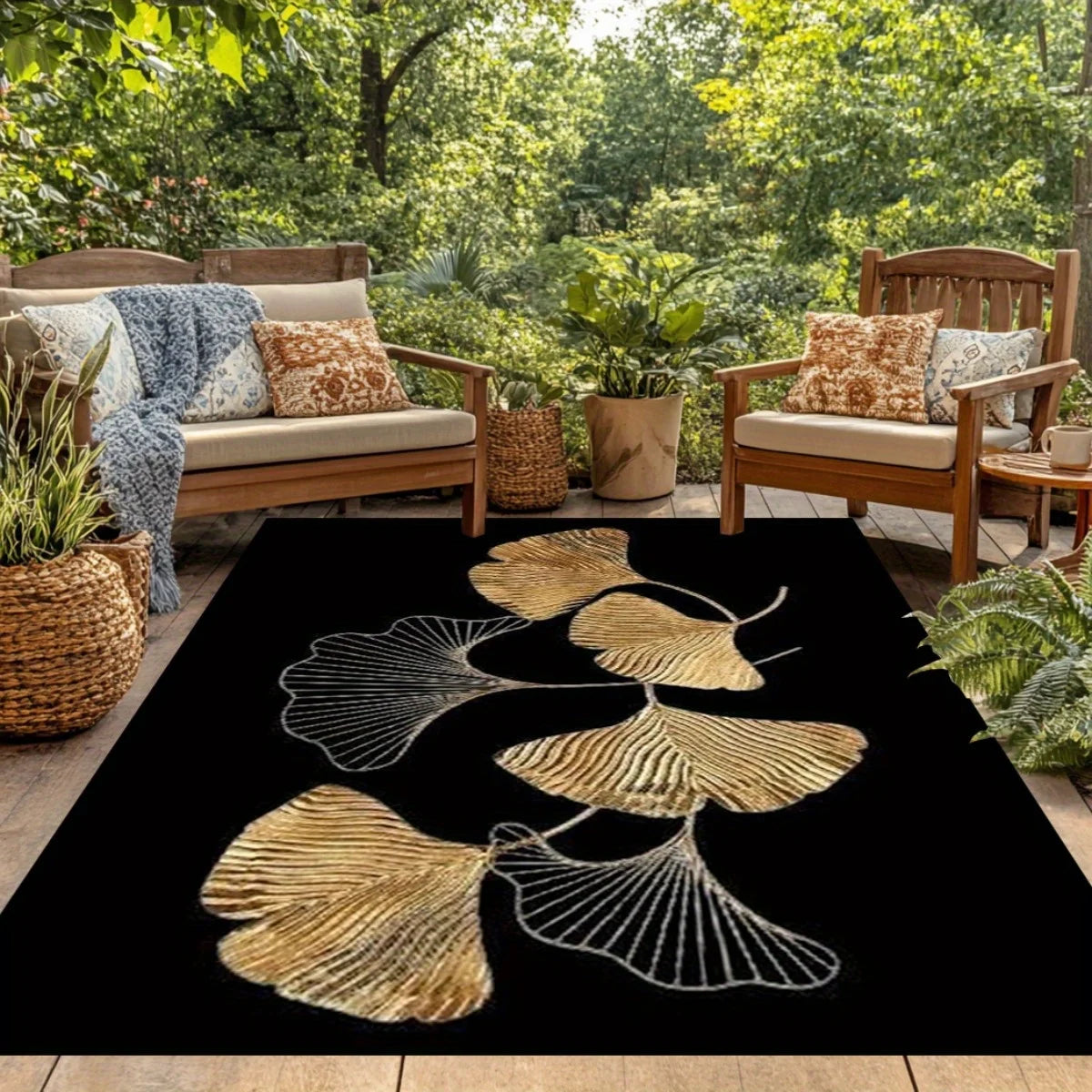 Flannel Printed Ginkgo Leaf Rug Gold and Silver Design Soft Fleece Outdoor Mat Garden Patio Carpet Nature Decor Rugs