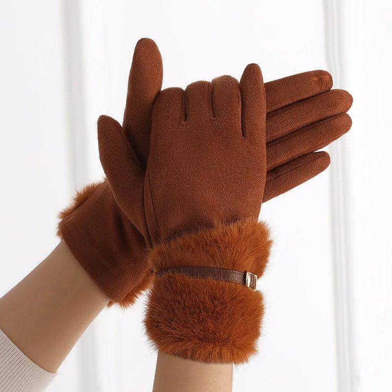 Women's Winter Gloves with Fleece Lining, Warm, Windproof, Cold-Resistant, Plush Decoration, Touchscreen Compatible, Suitable fo