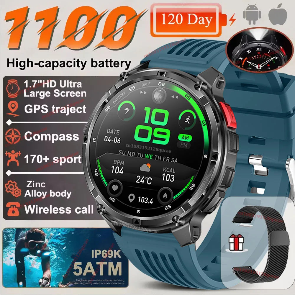2026 Ultra 1100Mah Battery Military Smart Watch Men 1.7"AMOLED GPS Path 5ATM Waterproof Sports Compass LED Flashlight Smartwatch