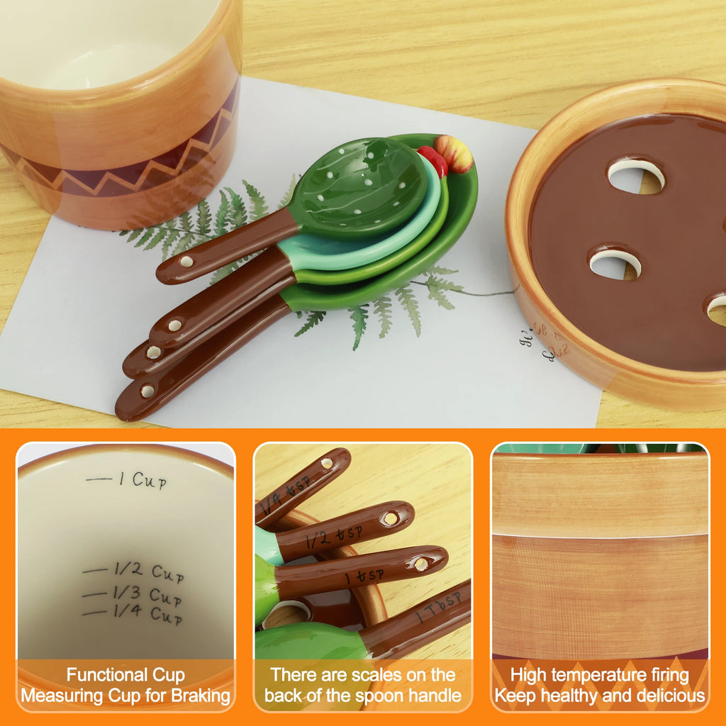 4Pcs Porcelain Measuring Spoons Set with Base Cute Cactus Shape Stirring Soup Spoon Ceramic Flower Pot Measuring Spoon