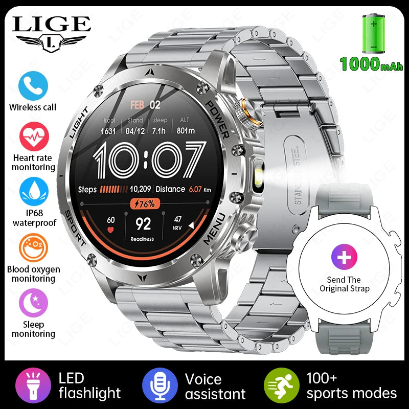 LIGE New GPS Outdoor Sports Smart Watch Men AMOLED Screen LED Flashlight Heart rate Waterproof Bluetooth Call 1000mAh Smartwatch