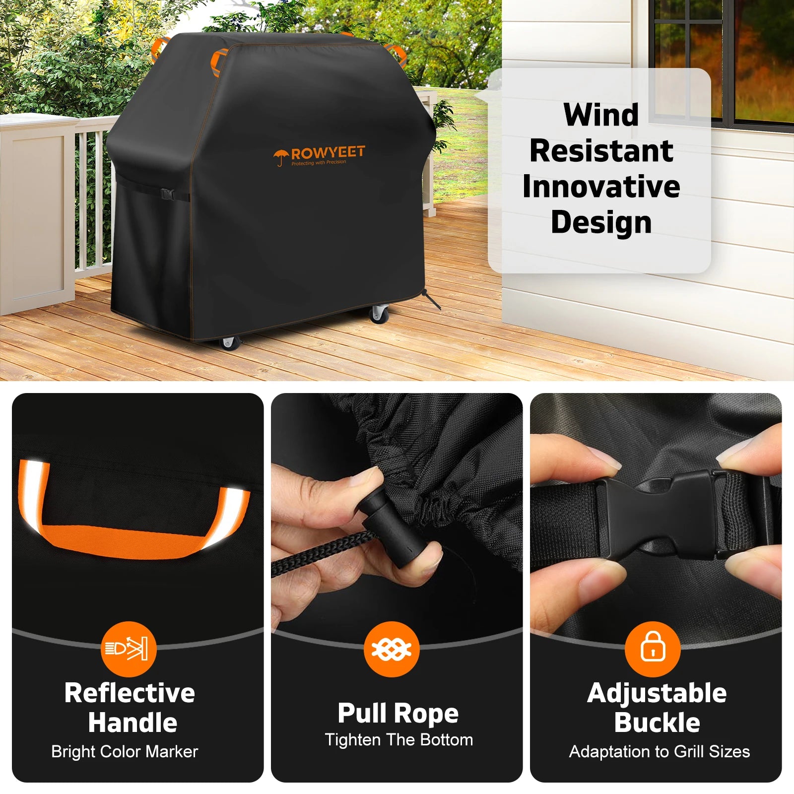 [Ry-210 Orange Line Bbq Cover] Rowyeet Outdoor Bbq Grill Cover, Waterproof and Uv-Resistant Gas Grill Cover, with Adjustable Hem, Suitable for Brands Such as Weber, Nexgrill, Expert Grill.