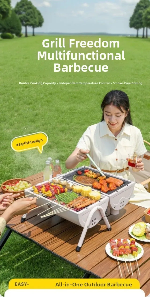 Portable Camping Barbecue Grill Multi-Function Charcoal Barbecue Double-Sided Chimney Home Outdoor Stove Meat Cooking Tool