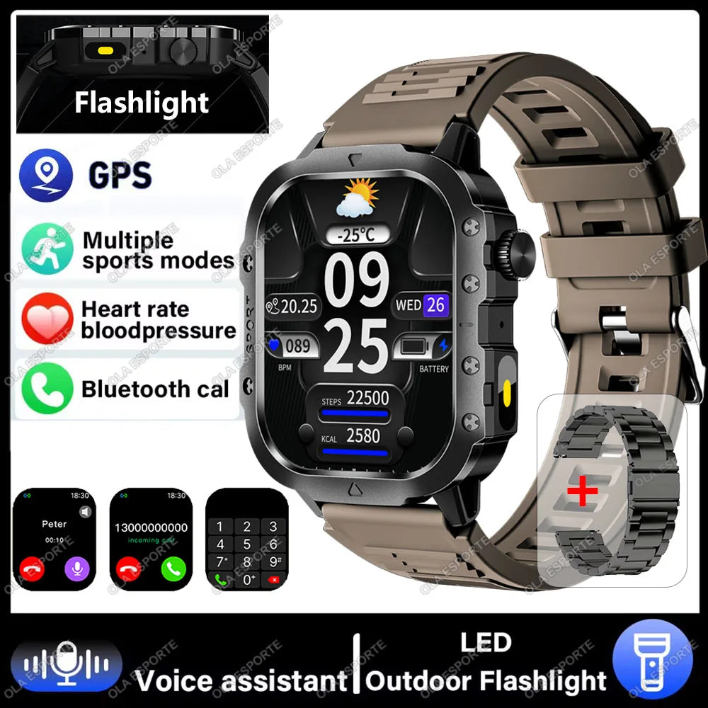 2026 New Military-grade Smart Watch Men GPS Flashlight 3ATM Waterproof Watch Bluetooth Call 100+Sport Outdoor Smartwatch Pk MA27
