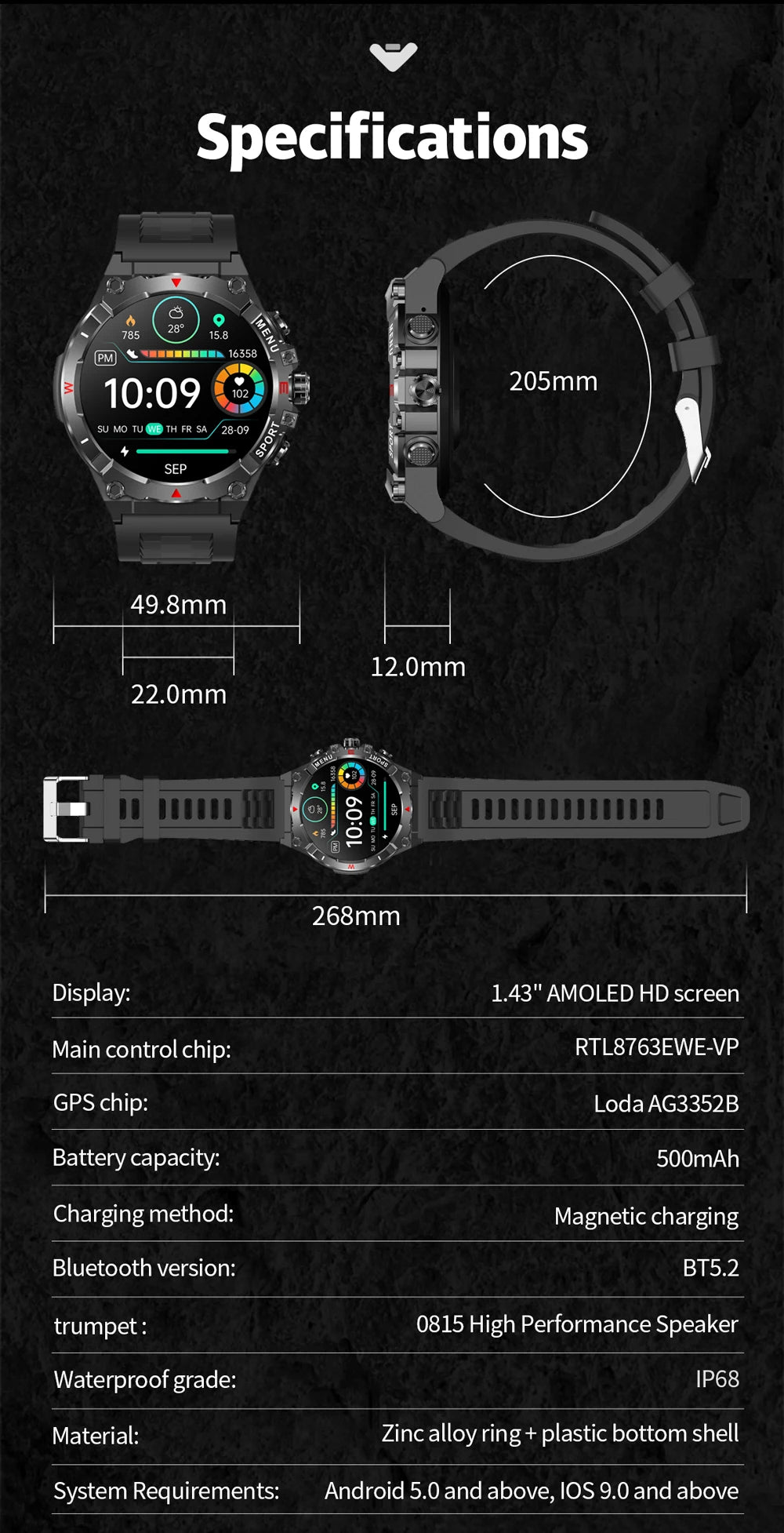 2025 COLMI V76 GPS Smartwatch 1.43" Ultra AMOLED Display Built-in Compass Altimeter Bluetooth Call Smart Watch 500mAh Battery