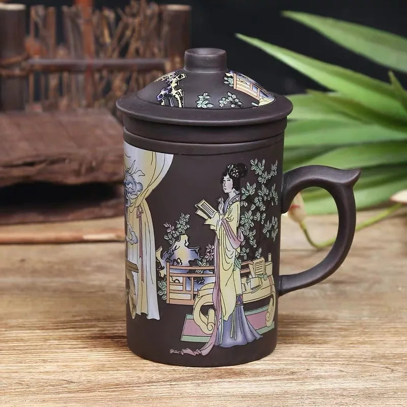 Handmade Dragon Beauty Purple Clay Tea Mug with Lid and Infuser, Ceramic Water Mug, Handmade Drinkware, Office Teacup