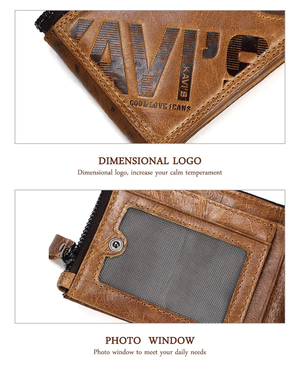 KAVIS Crazy Horse Leather Men Wallets Vintage Cowboy Travel Wallet Card Holder Fashion Coin Purse for Women with Extenal Cardbag
