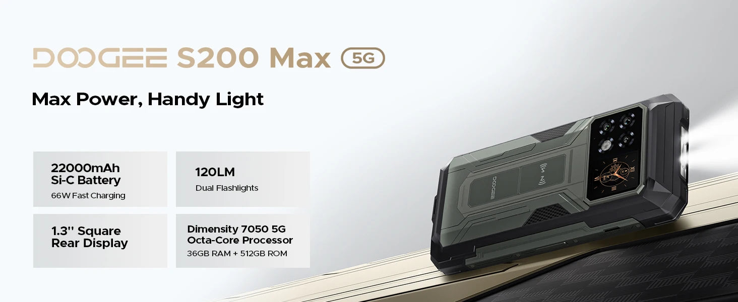 DOOGEE S200 Max 5G Rugged Phone 1.32" Rear Display Dual light Flashlight 16GB 512GB 22000mAh  6.72'' 120Hz Screen Smartphone NFC
