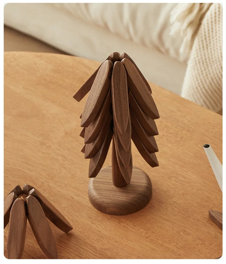 Wooden Tree Trivet & Star Coaster Set, Foldable Heat Resistant Pot Holders, Walnut Wood Table Trivet for Hot Dishes, Pots, Cups