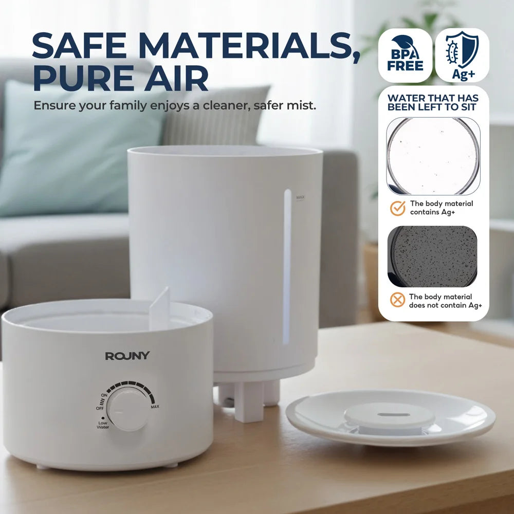ROUNY Air Humidifier, 4L Large Capacity Ultrasonic Humidifier with Low Water Protection, 360° & Quiet & BPA-Free, White
