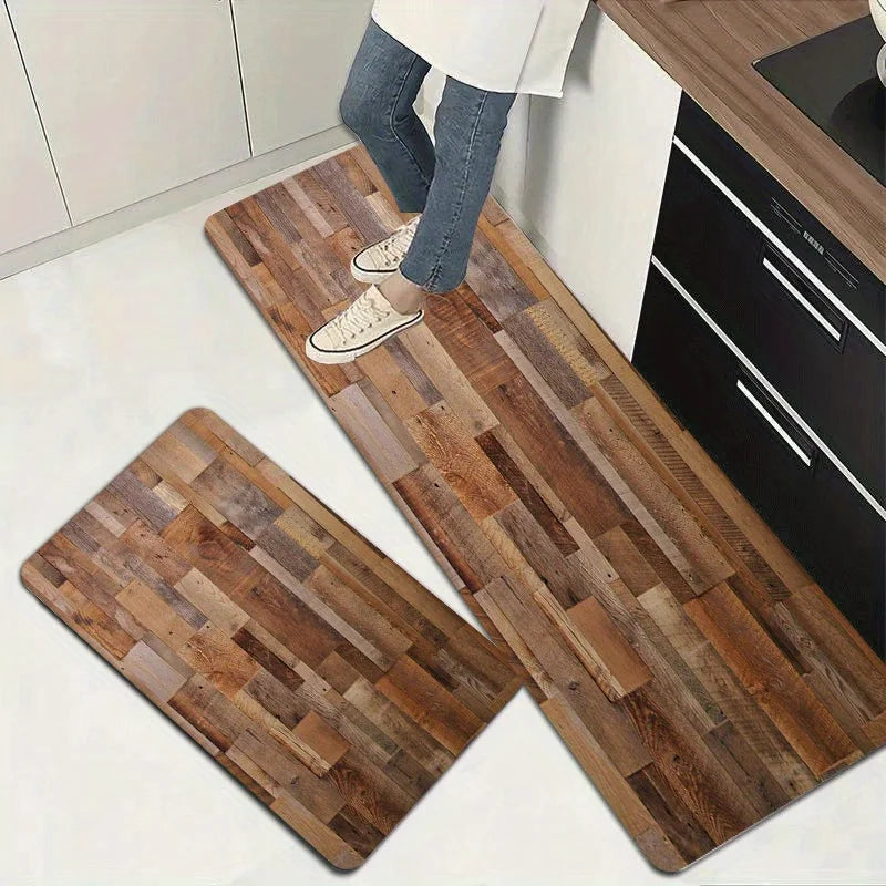 Farmhouse Wood Grain Kitchen Runner Rug, Non-Slip Washable Floor Mat with Vintage Plank Print for Kitchen, Sink, Cooking Area