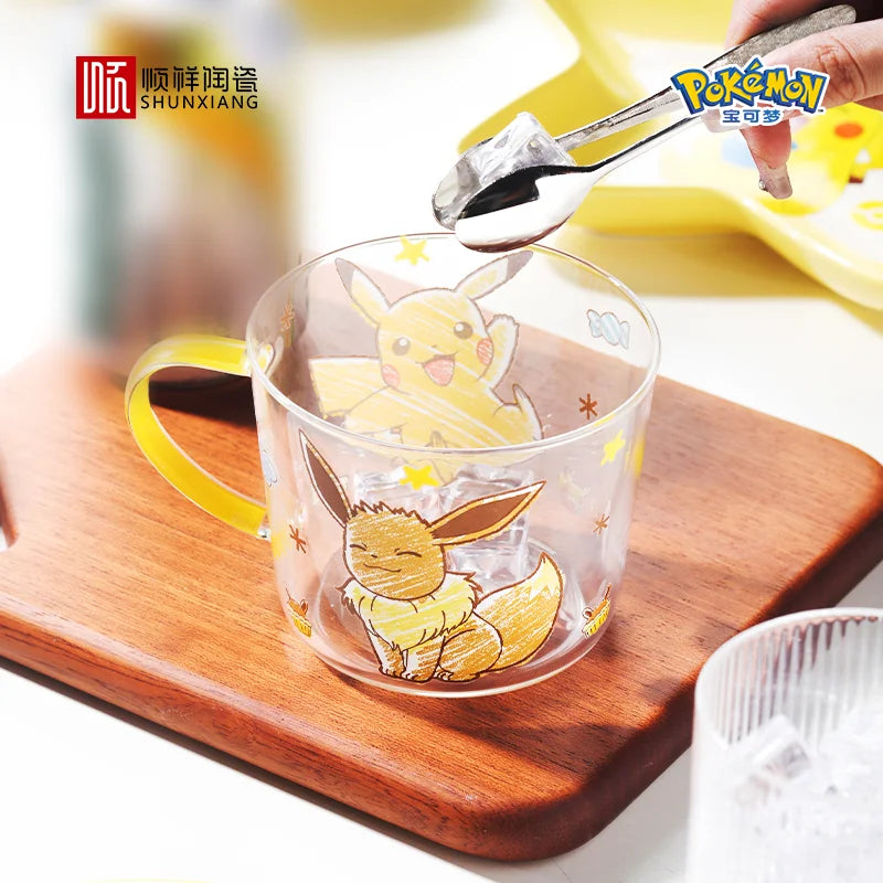 SHUNXIANG Pokémon Pikachu Glass Mugs Milk Cup Cute Drink Tableware Coffee Cup Kawaii  Transparent Water Cup with Handle Gift