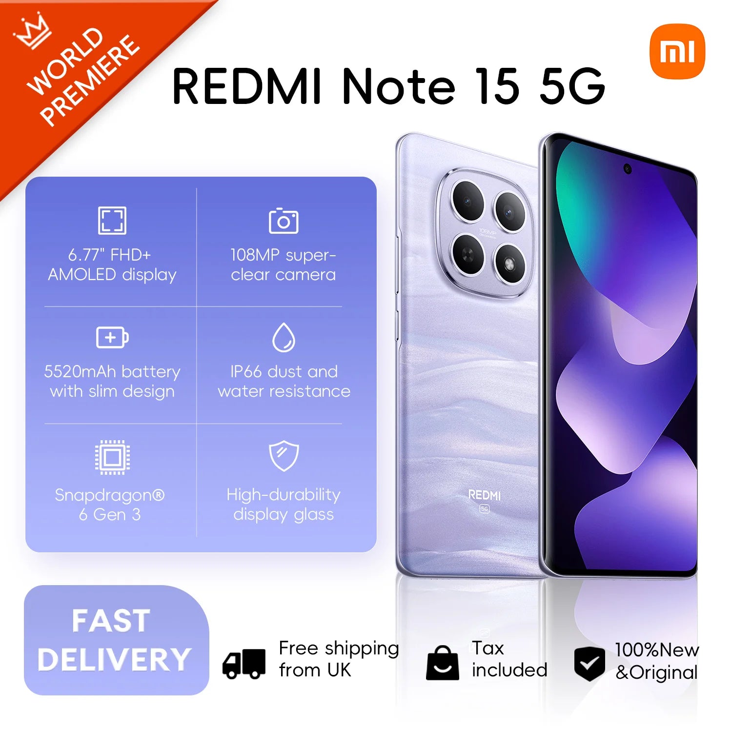 Xiaomi Redmi Note 15 5G 8+256GB Global Version Snapdragon® 6 Gen 3 Mobile Platform 6.77" 120Hz Display 108MP Camera 5520mAh 45W