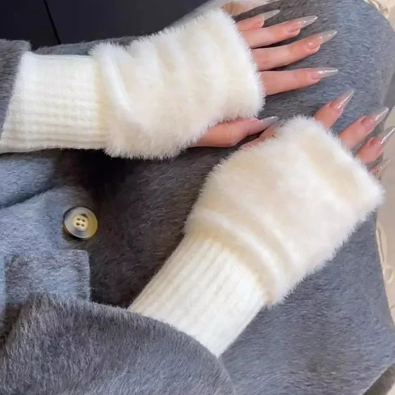 1PC- Warm and Cold-proof Half-finger Gloves for Women in Autumn and Winter, Versatile and Plush, Cute Office Half-finger Gloves