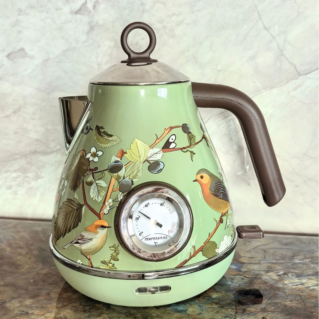 Automatic Power Off Retro Green Paint Decal Electrc Kettle Boiling Water with Thermometer 304stainless Steel 1850w 1.7L