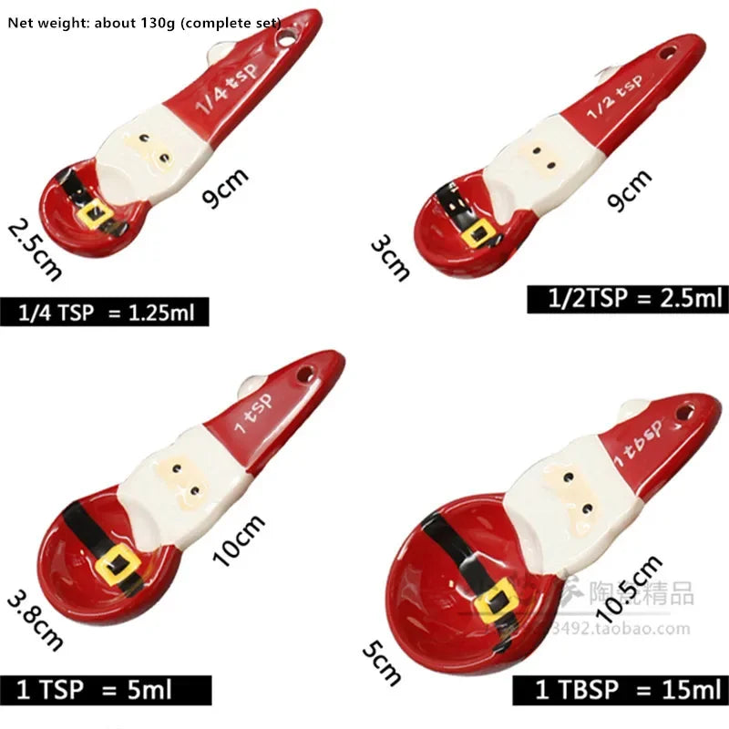 4pcs Christmas Measuring Spoons Set, 3D Hand-painted Ceramic Bowl Measuring Cup, Baking DIY Cake Flour Kitchen Accessories Gift