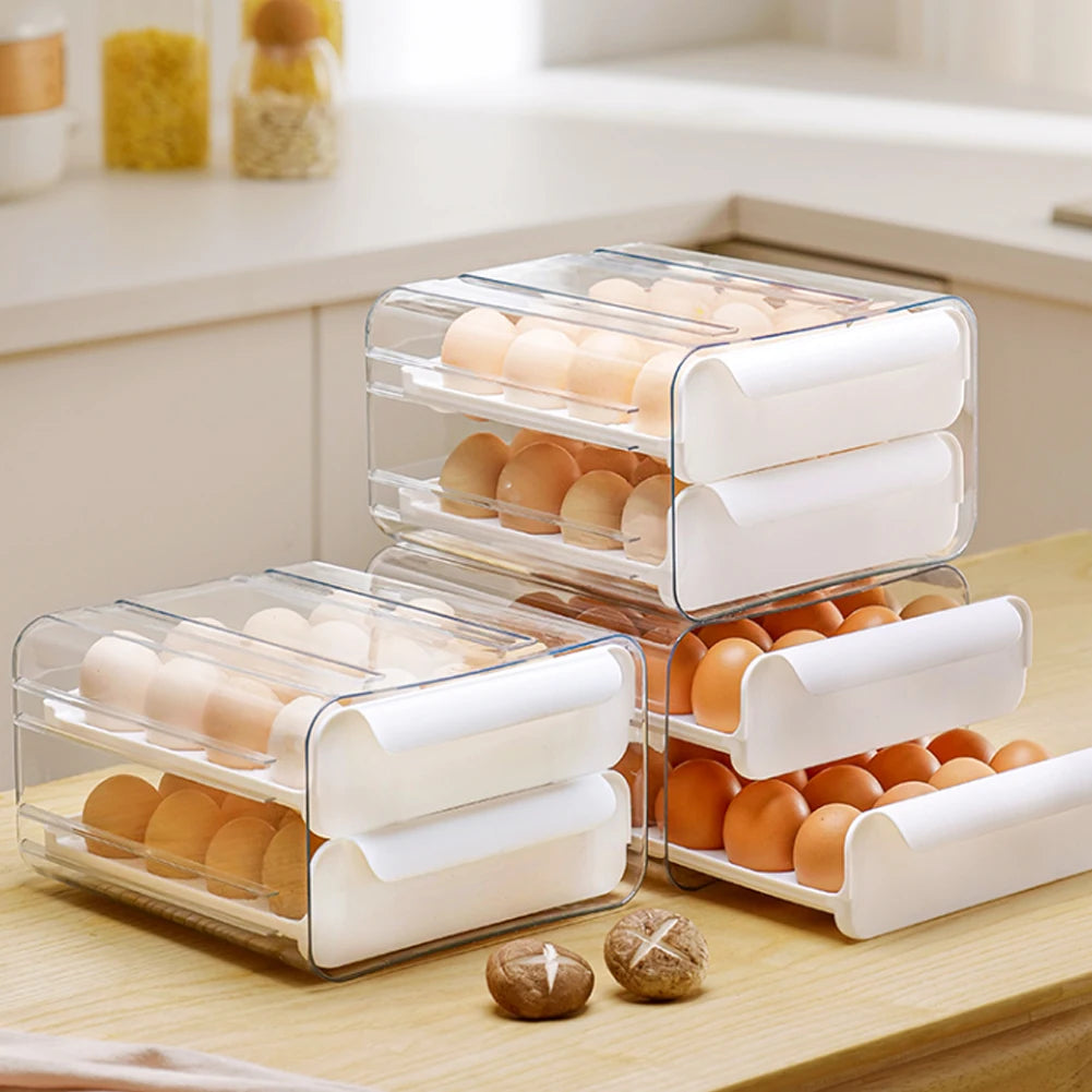 Double-Layer Egg Storage Drawer Box, Holds 32 Eggs, Transparent Body, Easy Access, White