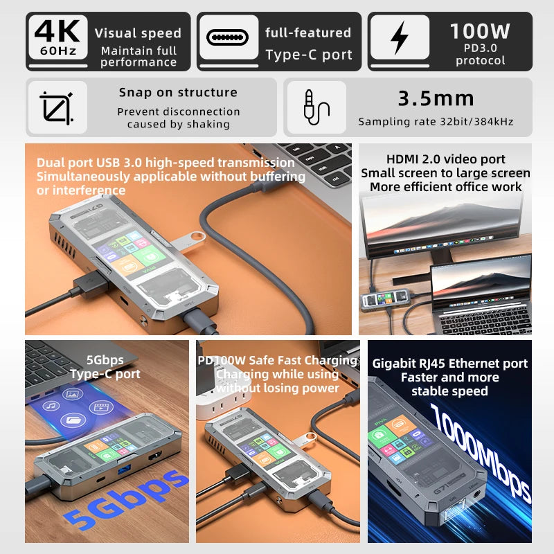 PIVA G71 7 in 1 Aluminum Alloy Office Docking Station Smart Screen Display Type-C to HDMI2.0 USB3.0 HUB PD100W Adapter