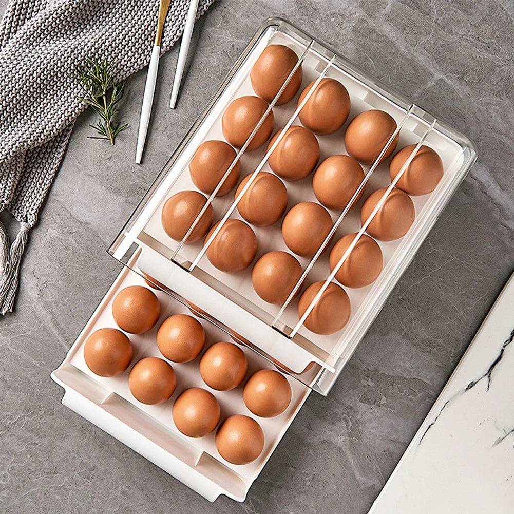 Double-Layer Egg Storage Drawer Box, Holds 32 Eggs, Transparent Body, Easy Access, White