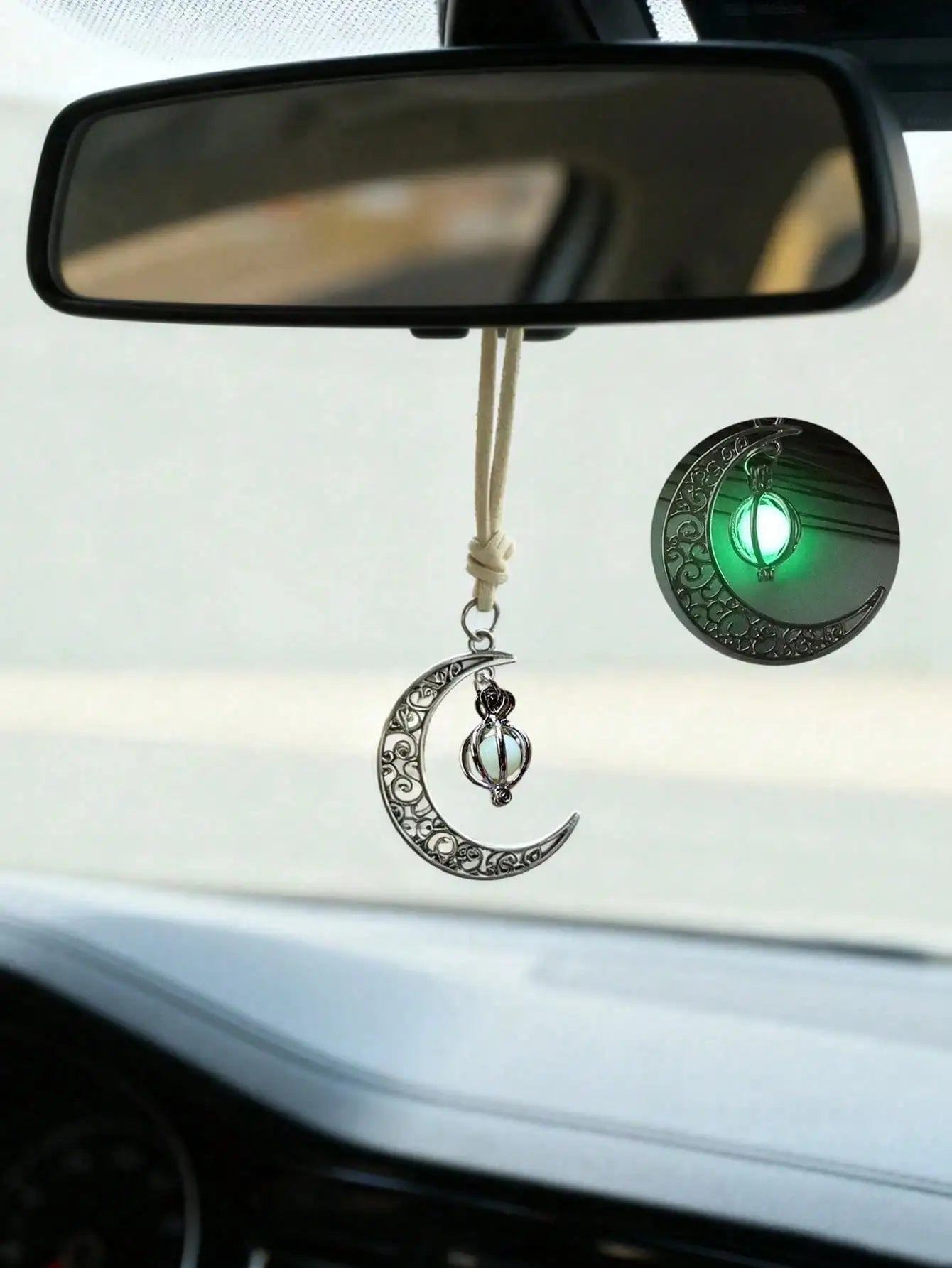 Luminous Moon Pendant Car Hanging Ornament – Hollow Crescent Design, Inlaid with Luminous Stone, Elegant Rearview Mirror Decor
