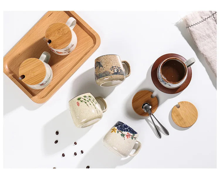 YWDL 350ml Japanese Ceramic Coffee Mug With Lid And Spoon Milk Breakfast Cups Home Heat-resistant Teacup Tumbler Water Mug Gift