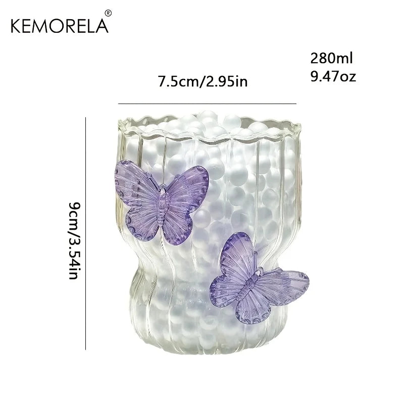 Handmade 3D Butterfly Glass Coffee Cup Elegant Striped Design with Cute Butterfly Pattern Reusable Comfortable Handle Gift