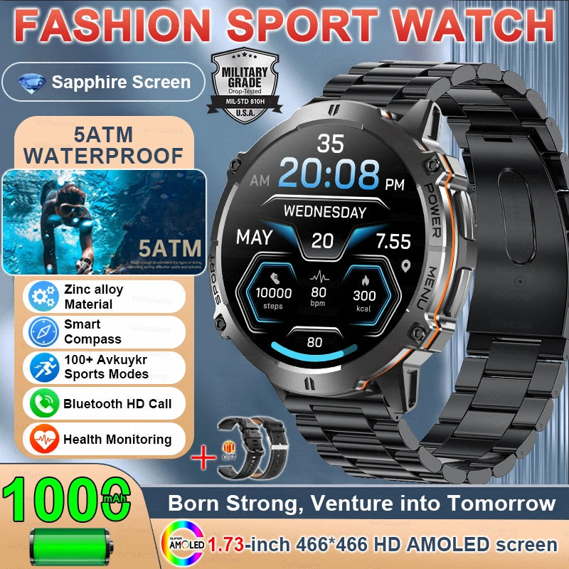 2025 New Military TREX3 1000mAh Battery Smart Watch 1.73-inch Screen 5ATM Waterproof GPS Altimeter Bluetooth Call Men Smartwatch