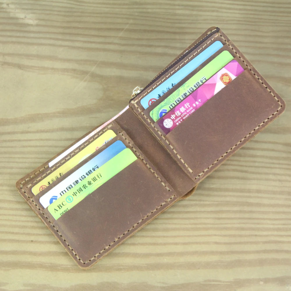 Luxury Handmade Genuine Leather Men Wallet Bifold Purse Male Wallets Short Money Clip Vintage Leather Money Bag with zip pocket