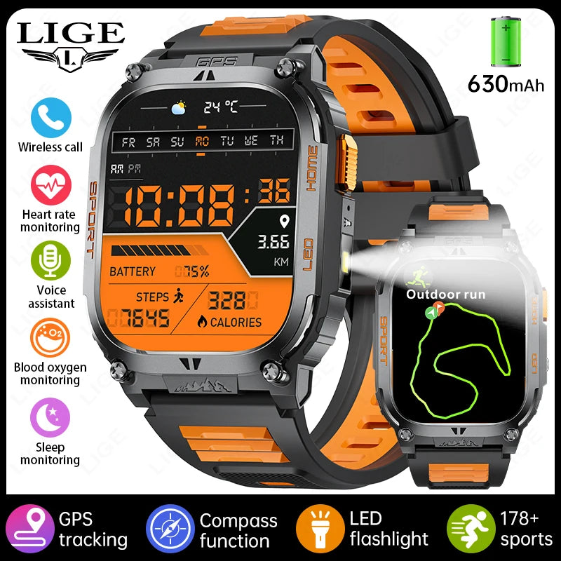 LIGE New GPS Tracking Smart Watch  LED Flashlight 1.96inch HD Screen Compass BT Call Waterproof Sport Smartwatch For Android iOS