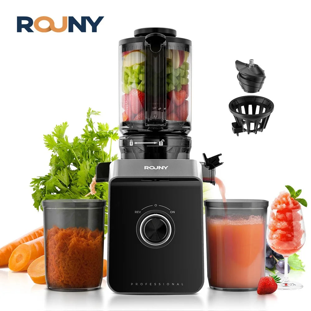 ROUNY Slow Juicer, Cold Press Extractor with Filter-Free, Easy Clean Electric Fruit Juicer Machine with Large Caliber,  Black