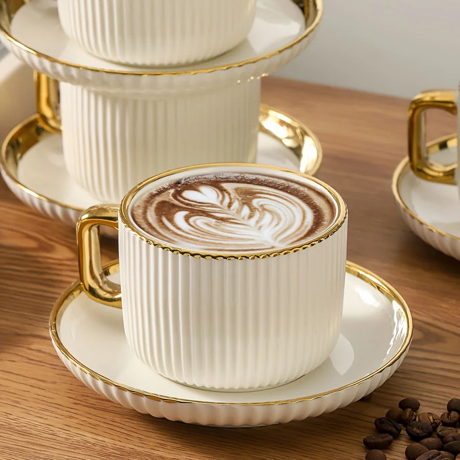 300ml Luxury Gold-Edged Ceramic Cup&saucer Set Latte Art Coffee Cup for Home Kitchen Afternoon Tea Set European Kitchenware Gift