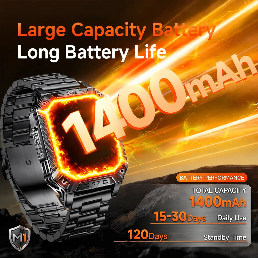 2026 New Military Grade 1400mAh Battery Smart Watch GPS Tracks 5ATMWaterproof Flashlight Heart Rate 2.1" Durable Smartwatch Men