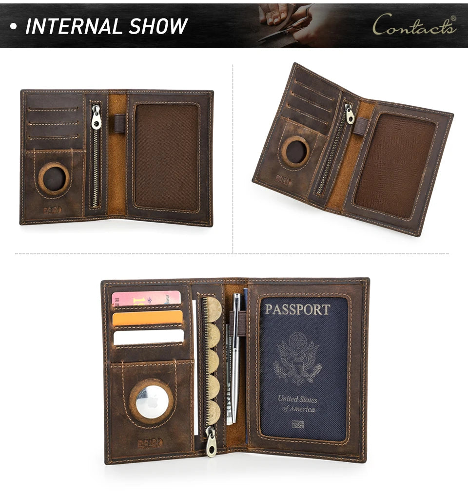 CONTACT'S Genuine Leather Passport Wallet Card Holder Coin Purse AirTag Slot Men Travel Wallet Women‘s Purse Passport Cover Bag