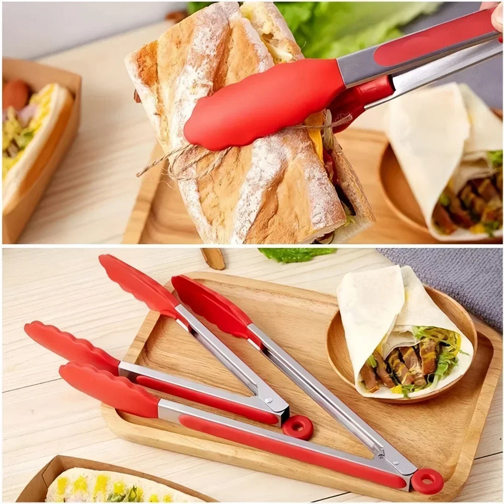 Anti Slip Cooking Serving Tongs Stainless Steel Food Clip Bread Salad Tong Heat-Resistant Barbecue Clips Kitchen Cooking Tool