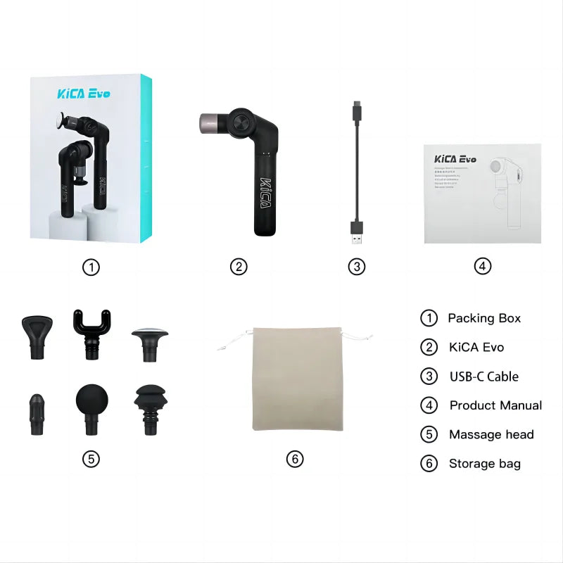 KiCA Evo Fascia Gun Portable Muscle Massage Gun 15kg 3 Gear 3200rpm with 6 Massage Heads 9cm Extension Rod Aluminum Alloy