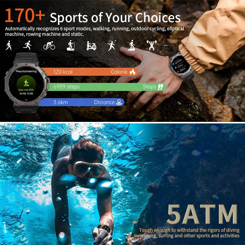LIGE 2026 GPS Luxury Military Smart Watch 500mAh Men Health Monitor Fitness Clock Sports 5ATM Waterproof Smartwatch Compass New
