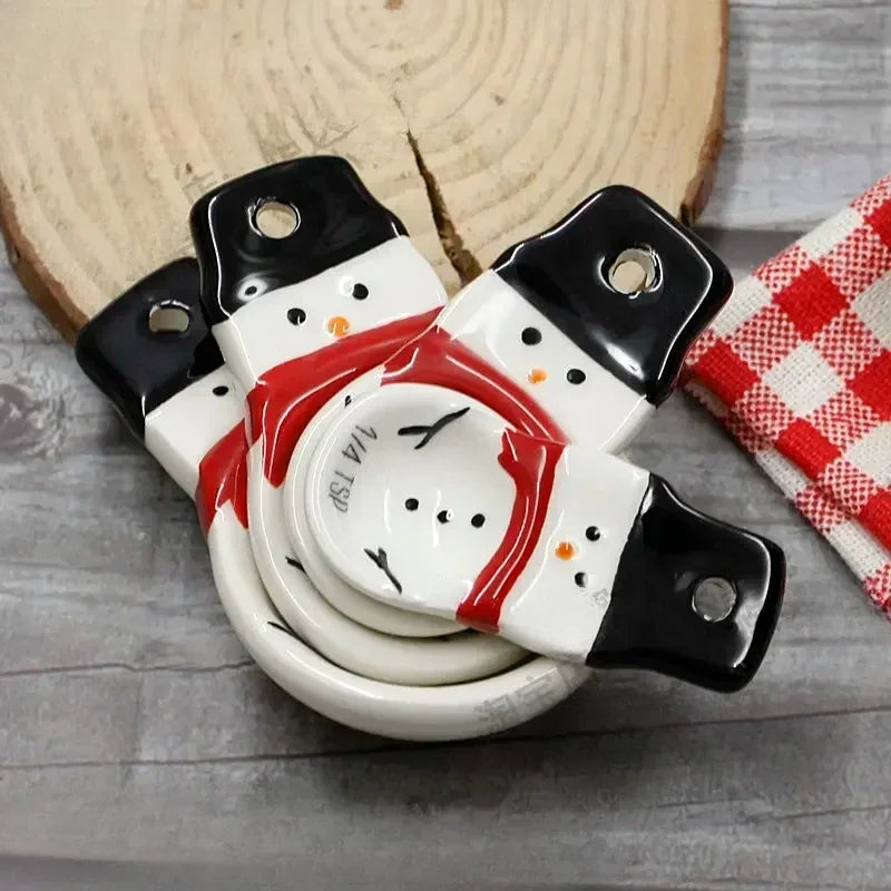 4pcs Christmas Measuring Spoons Set, 3D Hand-painted Ceramic Bowl Measuring Cup, Baking DIY Cake Flour Kitchen Accessories Gift