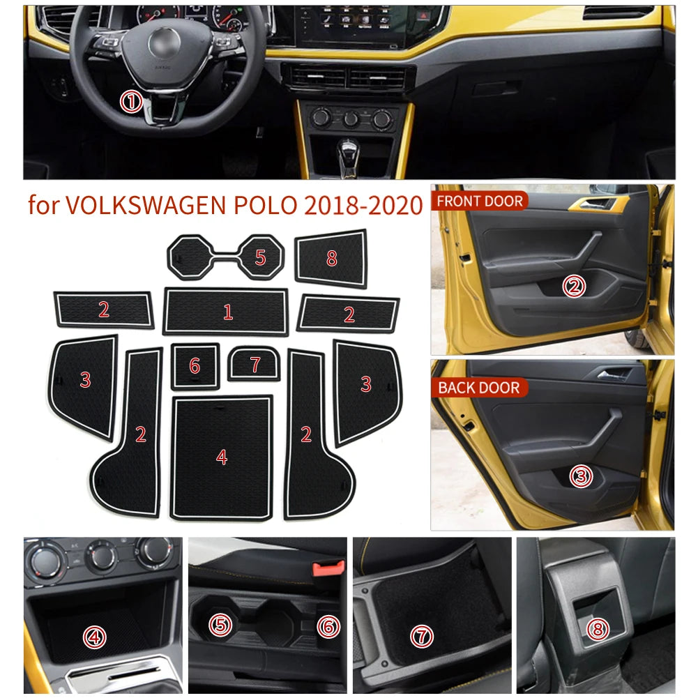 for VW Volkswagen POLO MK6 AW 2018-2023 Anti-slip Gate Slot Mat Car Door Groove Cup Pad Interior Accessories