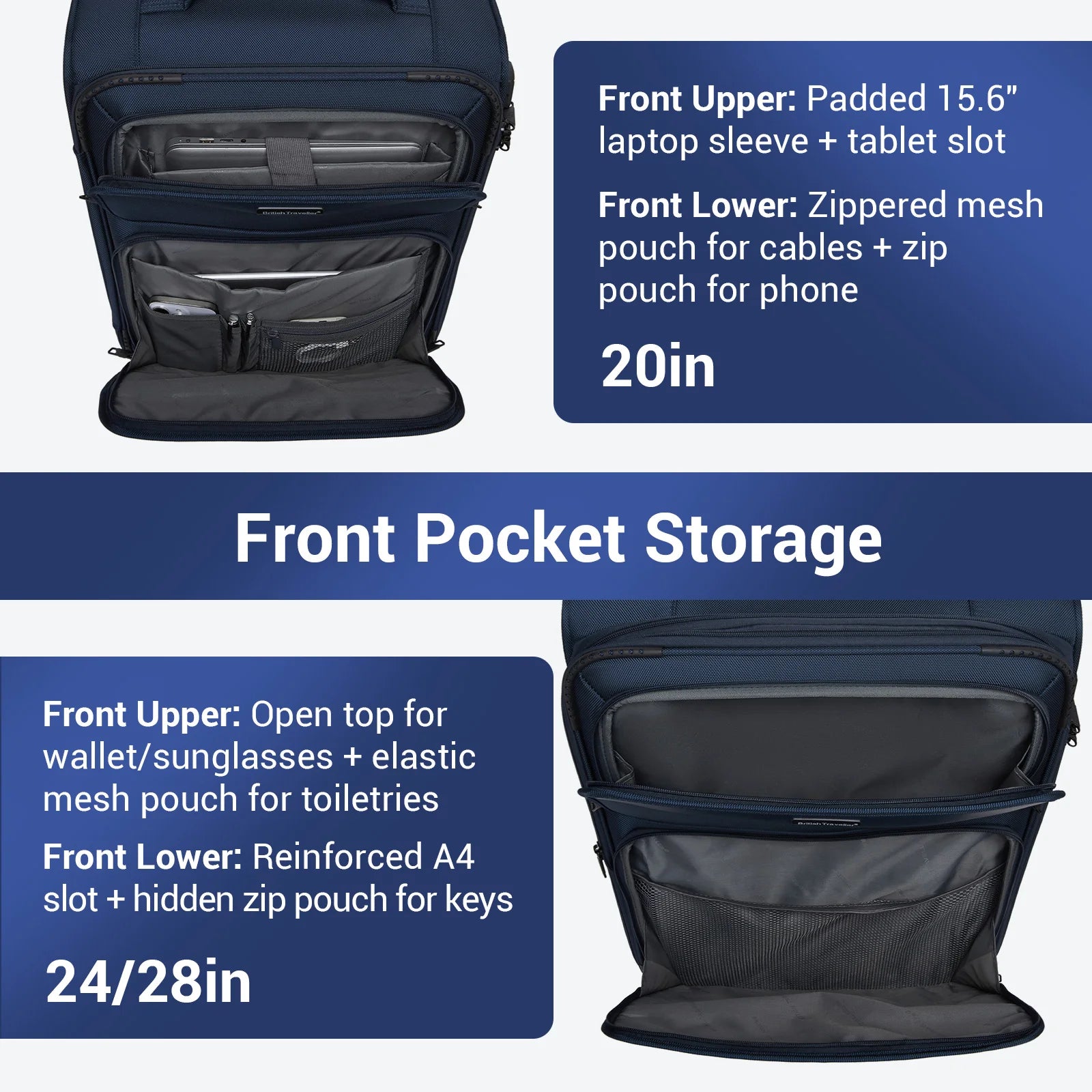 British Traveller - Suitcase Adjustable Handle, 4 Spinner Wheels, Lightweight, TSA Lock - Recycled Polyester Luggage （S/M/L)