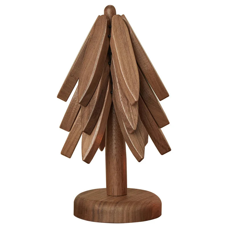 Wooden Tree Trivet & Star Coaster Set, Foldable Heat Resistant Pot Holders, Walnut Wood Table Trivet for Hot Dishes, Pots, Cups