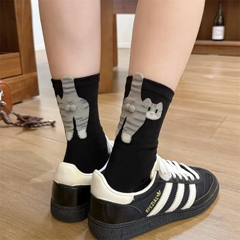 1/2pairs 3D Cute Cat Socks Black/White Funny Cat Socks Women Girl Mid-Tube Sleep Sock Cat Print Floor Sock