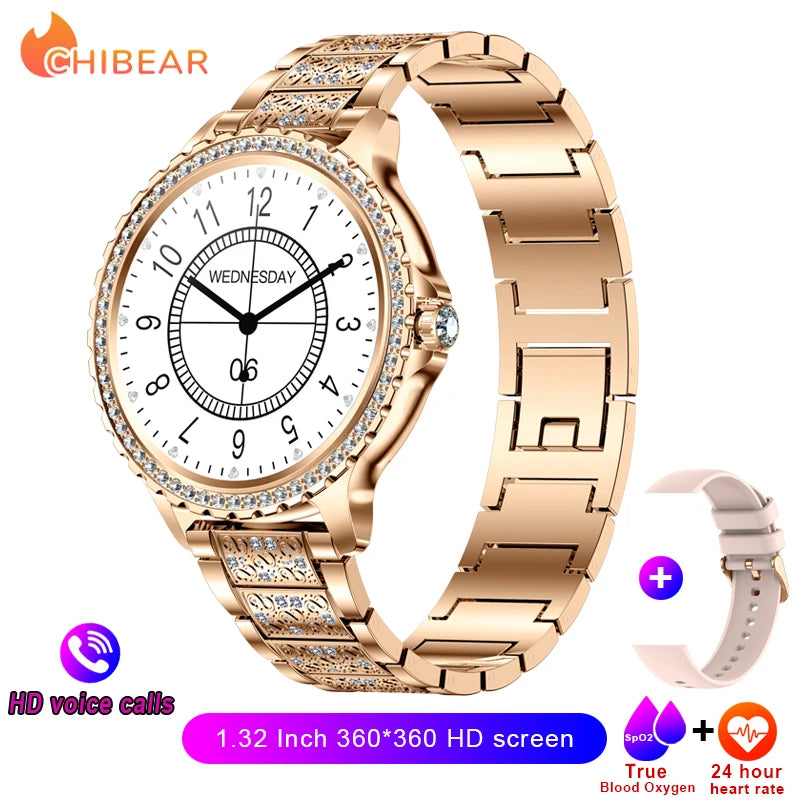 2026 New Fashion Women Diamond Watch 1.32 inch 360*360 HD Display Heart Rate Blood Oxygen Monitoring Bluetooth Call Smartwatch