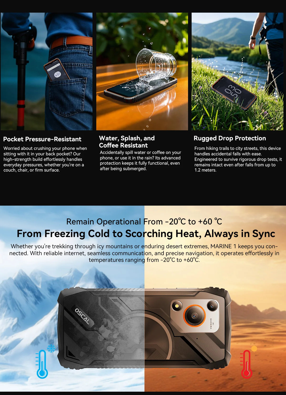 Oscal MARINE 1 Outdoor Smartphone 6.56 inch HD+ Display Unisoc T615 Android 15 Rugged Phone 4GB+128GB, 5100mAh, NFC Mobile Phone