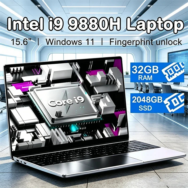 Durable Strong 15.6" Portable Laptop I9-9880H Windows11 32GB DDR4 2TB SSD Pc Gamer Office Computer