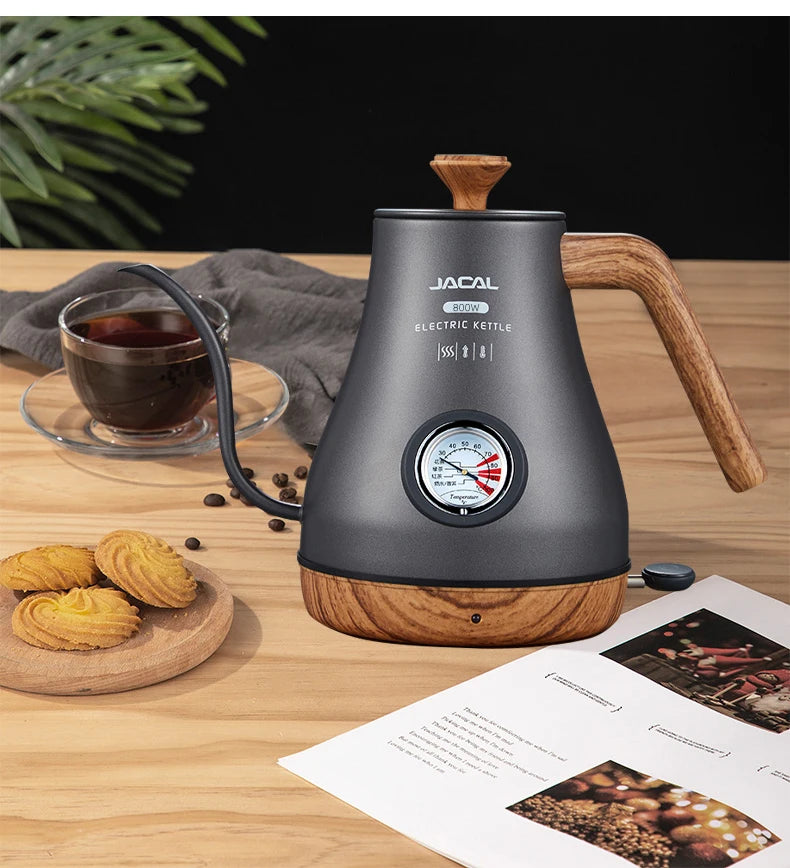 1.0L Electric Kettle Retro Gooseneck Hand Brewed Coffee Pot Slender Mouth Teapot Stainless Steel Liner Kettle with thermometer