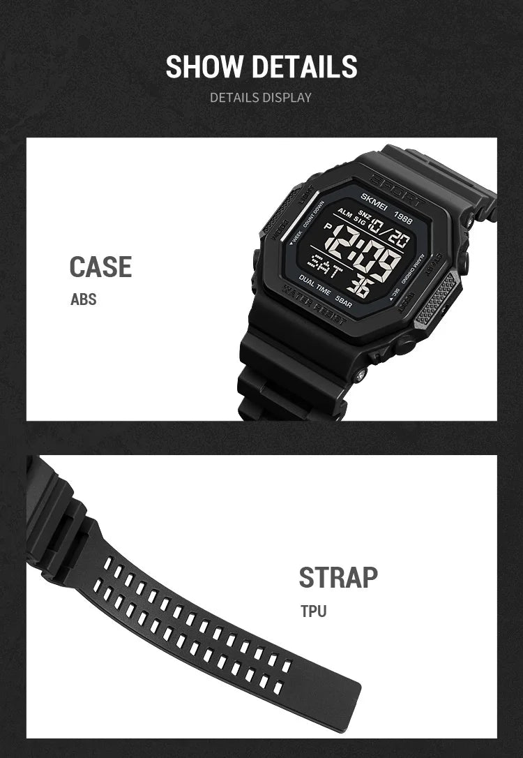 SKMEI 1988 Chrono Men Watch Luxury Brand Sport Watch Electronic Digital Male Wrist Clock Man 50M Waterproof Men's Watches 1988