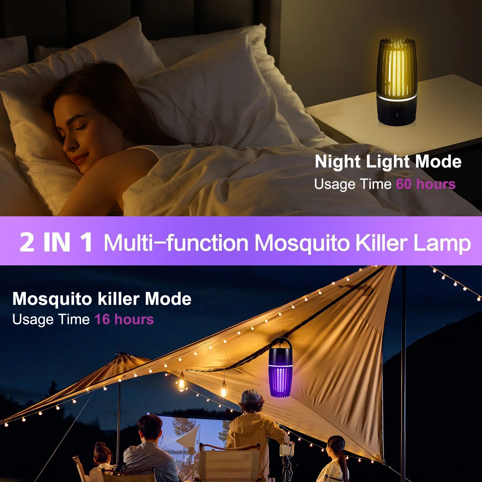 2 in 1 Electric Fly Catcher USB Rechargeable Portable Bug Zapper with Night Light 360° Attract for Indoor Outdoor Trip Camping