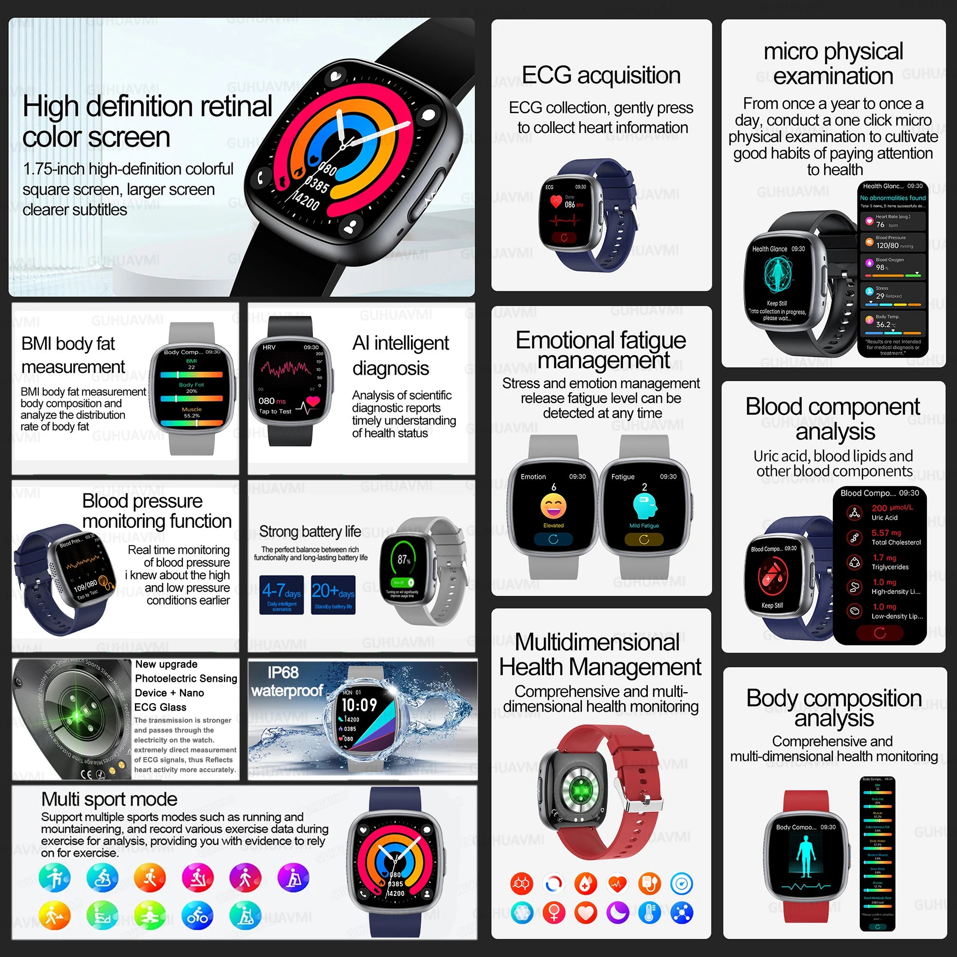 2025 New Accurate Measure Blood oxygen Lipids Uric Acid Smart Watch Men ECG Blood Pressure Health SmartWatches For Android ios